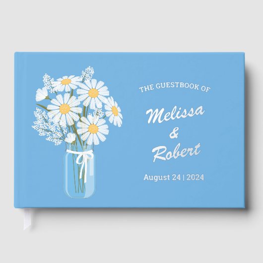 Elegant White Daisies Mason Jar Wedding Foil Blue Gästebuch (Vorderseite)