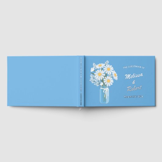 Elegant White Daisies Mason Jar Wedding Foil Blue Gästebuch (Voll)