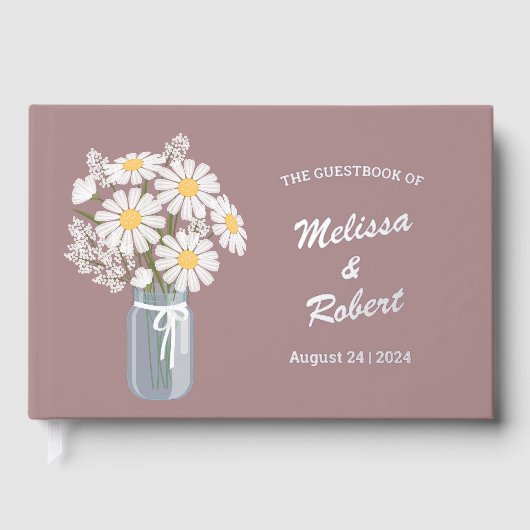 Elegant White Daisies Mason Jar Wedding Foil Pink Gästebuch (Vorderseite)