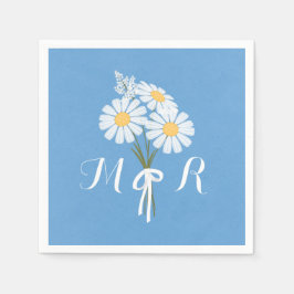 Elegant White Daisies on Blue Monogram Wedding Serviette