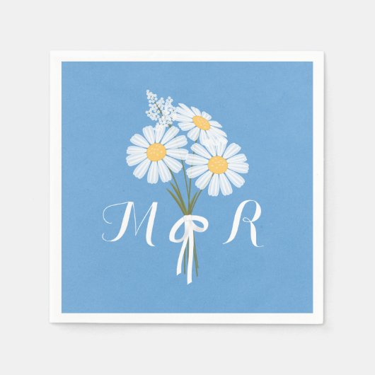 Elegant White Daisies on Blue Monogram Wedding Serviette (Vorderseite)