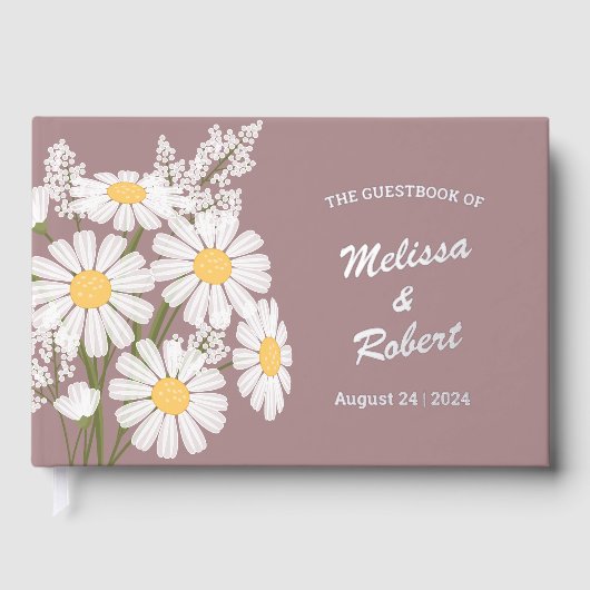 Elegant White Daisies Rustic Wedding Foil Pink Gästebuch (Vorderseite)
