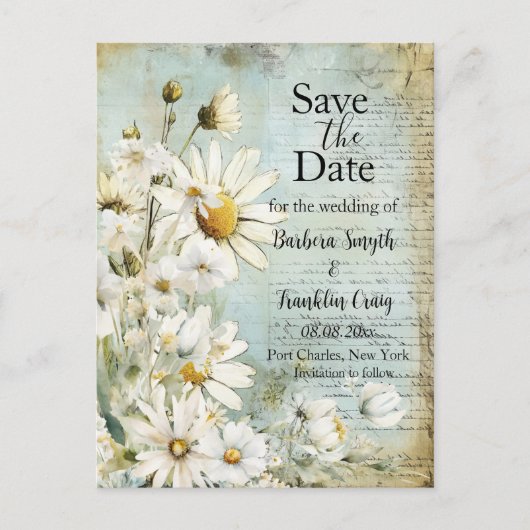Elegant White Daisy Wedding Save the Date Postkarte (Vorderseite)