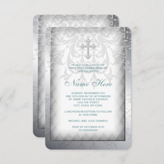 Elegant White Damask Cross First Communation Einladung (Vorne/Hinten)