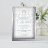 Elegant White Damask Cross First Communation Einladung (Stehend Vorderseite)