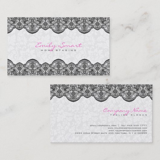 Elegant White Damasks Black Lace Visitenkarte (Vorne/Hinten)