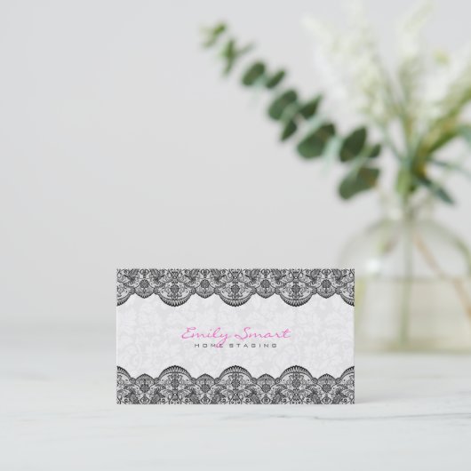 Elegant White Damasks Black Lace Visitenkarte (Stehend Vorderseite)