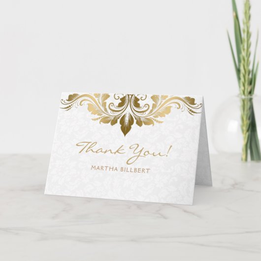 Elegant White Damasks Gold Swirl Dankeskarte (Vorderseite)