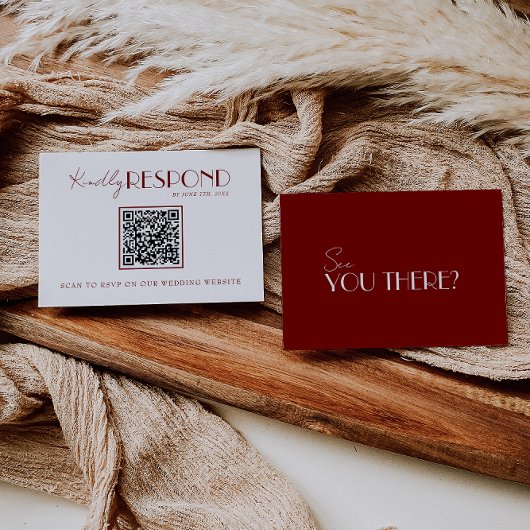 Elegant White Deep Red Burgundy QR Code Wedding RSVP Karte