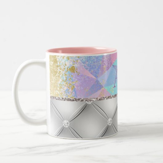Elegant White & Diamonds Rainbow Opal Gemstone Zweifarbige Tasse (Links)