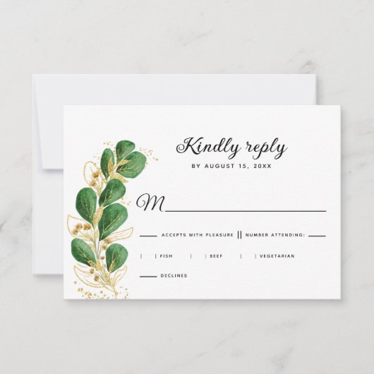 Elegant White Emerald Green Eucalyptus Wedding RSVP Karte (Vorderseite)