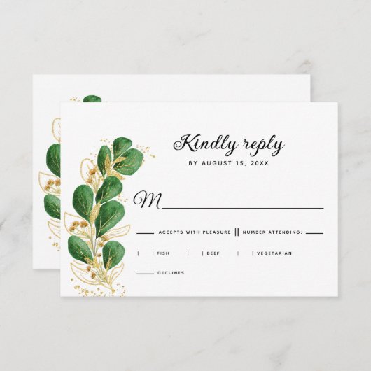 Elegant White Emerald Green Eucalyptus Wedding RSVP Karte (Vorne/Hinten)