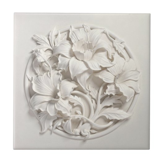 Elegant White Faux Relief Flowers Fliese (Vorderseite)
