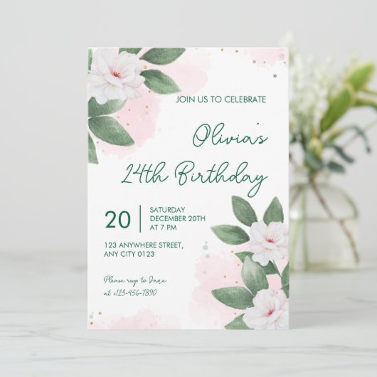 Elegant White Floral 24th Birthday Invitation Einladung (Stehend Vorderseite)