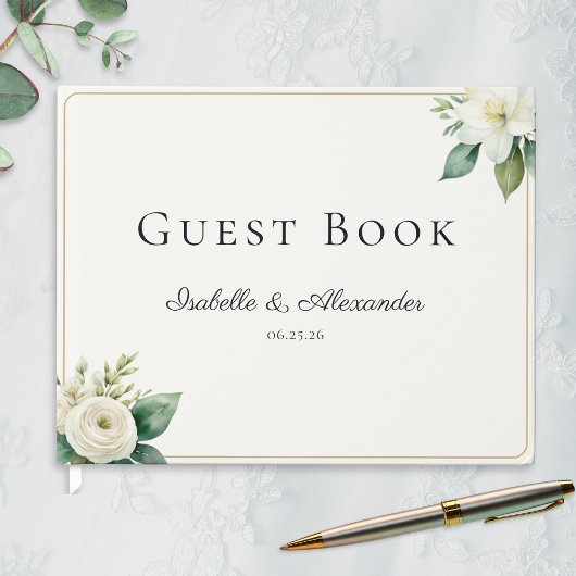 Elegant White Floral and Greenery Custom Wedding Gästebuch