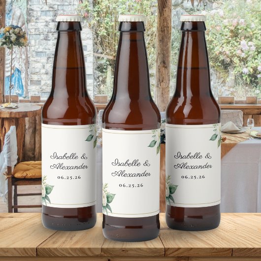 Elegant White Floral Botanical Wedding Favor Bierflaschenetikett