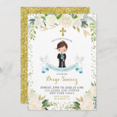 Elegant White Floral Boy First Heilige Kommunion Einladung (Vorne/Hinten)