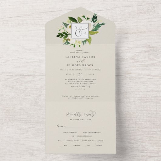 Elegant White Floral | Champagner Monogram Wedding All In One Einladung (Innen Boden)