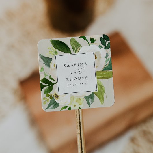 Elegant White Floral | Champagner-Umschlag Aufkleb Quadratischer Aufkleber