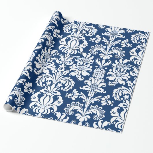 Elegant White Floral Damaskus Blue Background Wrap Geschenkpapier (Ungerollt)