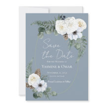 Elegant White Floral Dusty Blue Save the Date