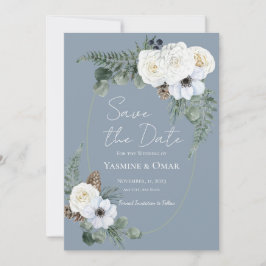 Elegant White Floral Dusty Blue Save the Date Einladung