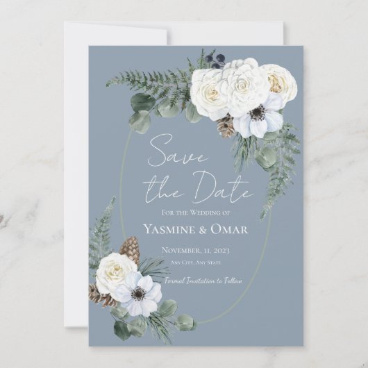 Elegant White Floral Dusty Blue Save the Date Einladung (Vorderseite)
