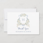 Elegant White Floral Dusty Blue Wedding Crest Dankeskarte (Vorderseite)