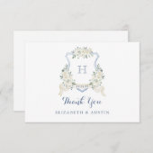 Elegant White Floral Dusty Blue Wedding Crest Dankeskarte (Vorne/Hinten)