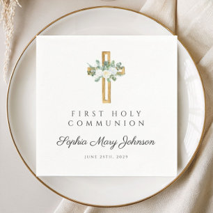 Elegant White Floral First Communion Serviette