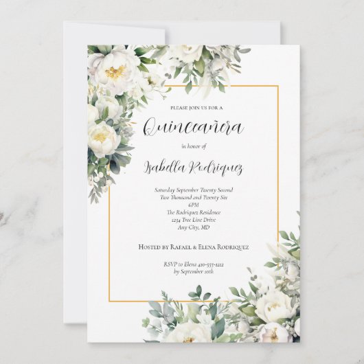 Elegant White Floral Gold Border Quinceñera Einladung (Vorderseite)