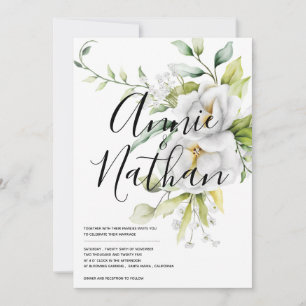 Elegant White Floral Green Blätter Skript Hochzeit Einladung