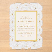 Elegant White Floral Ivory Gold Border Wedding Acryleinladungen (Vorderseite)
