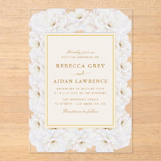 Elegant White Floral Ivory Gold Border Wedding Acryleinladungen