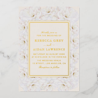 Elegant White Floral Ivory Gold Border Wedding Folieneinladung
