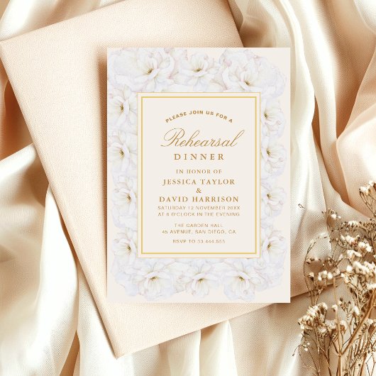 Elegant White Floral Ivory Gold rehearsal dinner  Einladung