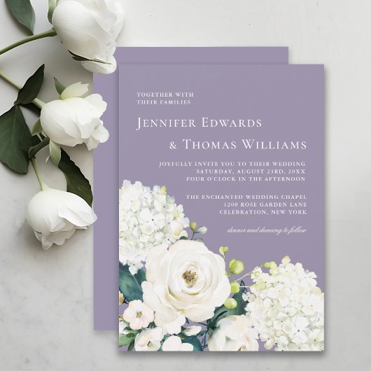 Elegant White Floral on Lavender Wedding Einladung