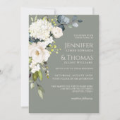 Elegant White Floral on Sage Green Wedding Einladung (Vorderseite)