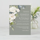 Elegant White Floral on Sage Green Wedding Einladung (Stehend Vorderseite)