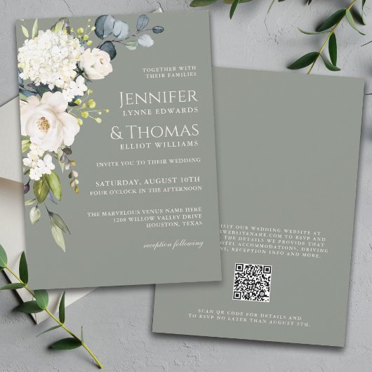 Elegant White Floral on Sage Green Wedding Einladung
