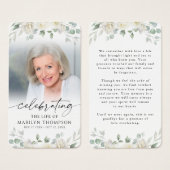 Elegant White Floral Photo Memorial Prayer Card (Vorne & Hinten)