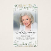 Elegant White Floral Photo Memorial Prayer Card (Vorderseite)