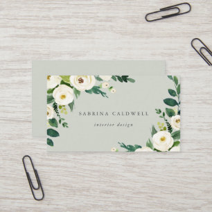 Elegant White Floral   Sage Minze Business Card Visitenkarte