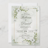 Elegant White Floral Wedding Greenery Gold Frame Einladung (Vorderseite)