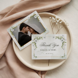 Elegant White Floral Wedding Photo Thank You Card Dankeskarte