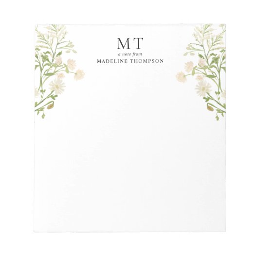 Elegant White Floral Wildflower Classic Monogram Notizblock (Vorderseite)