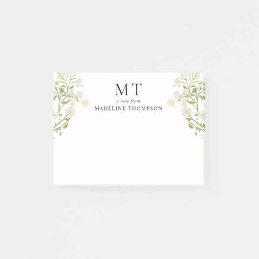Elegant White Floral Wildflower Classic Monogram Post-it Klebezettel (Vorderseite)