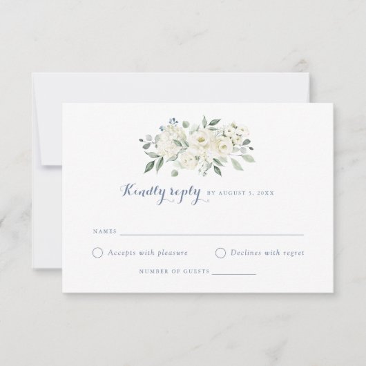 Elegant White Flowers Dusty Blue Wedding RSVP Einladung (Vorderseite)