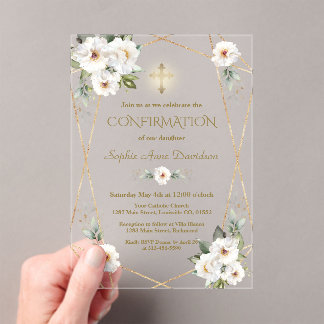 Elegant White Flowers Gold Cross Confirmation Acryleinladungen