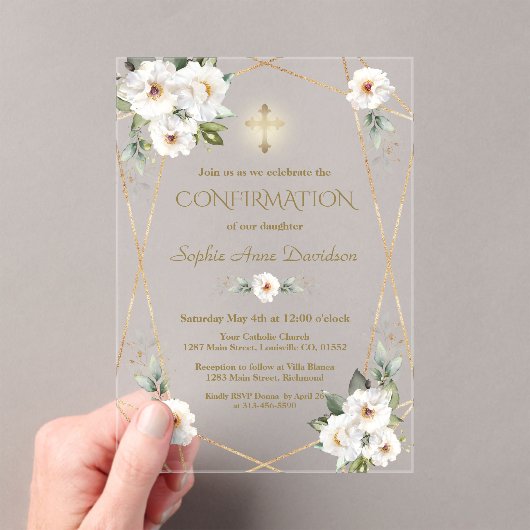Elegant White Flowers Gold Cross Confirmation Acryleinladungen (Insitu (Handheld))
